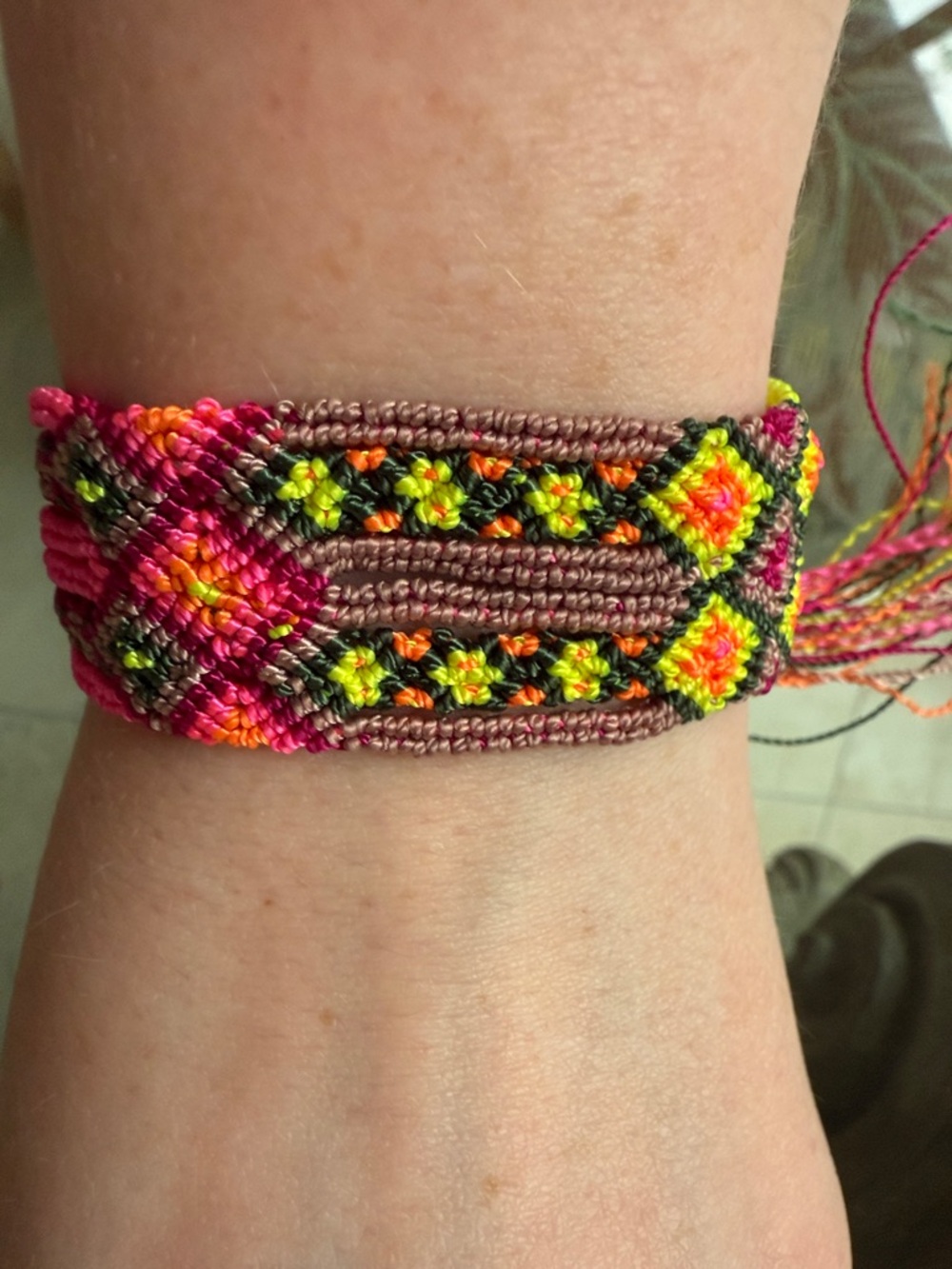 Vintage Gorgeous Handmade Neon Pink & Brown Woven Bracelet